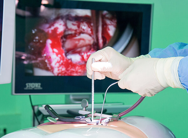 RealSpine Die Hände eines Arztes üben am Simulationssystem RealSpine.