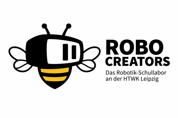 Logo grafisch gezeichnete Biene und Schriftzug RoboCreatorsLogo in einem