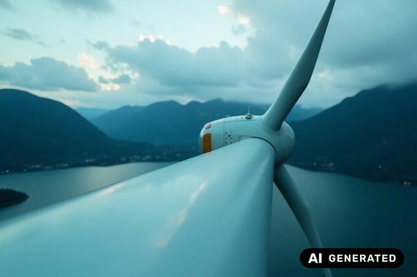 Ki-generiertes Bild Nahaufnahme eines Windrades ganz oben, im Hintergrund Wasser, Berge und Wolken bei Dämmerung/eine Verlinkung des Bildes führt zur Forschungsprojektwebsite
