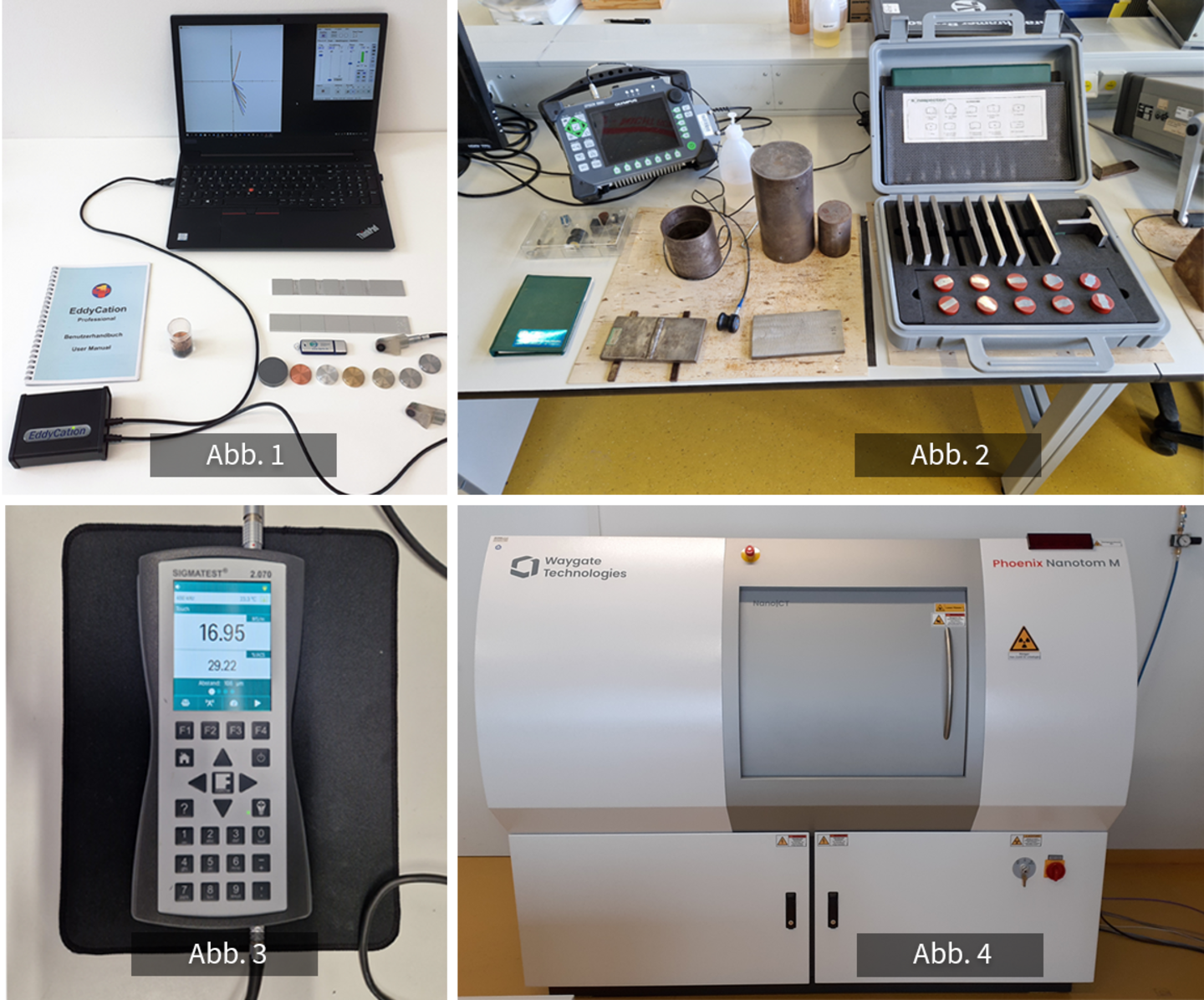 Fotocollage von vier Bildern von den Prüfgeräten im Labor