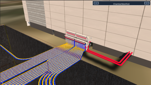 Sondenverteiler digitales Modell mit Kabeln und Rohren in verschiedenen Farben