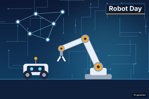Illustration eines Roboterarms und eines kleinen Lernroboters vor dunkelblauem Hintergrund mit Leiterbahnen und vernetzten Punkten. Oben rechts steht der Schriftzug „Robot Day“, unten rechts der Hinweis „KI-generiert“.