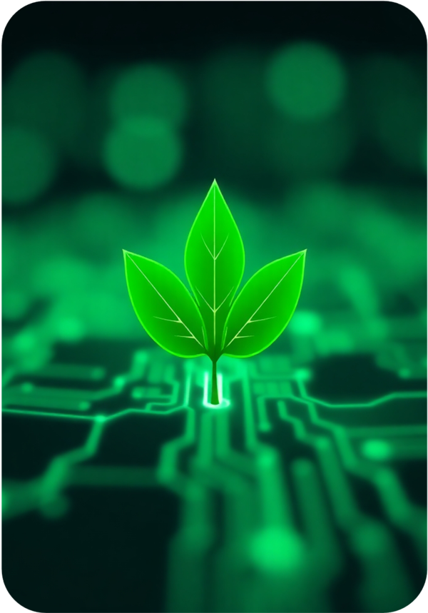 Symbolbild - eine grüne leuchtende Pflanze mit drei Blättern steht auf einer Computerplatine mit grün leuchtenden Schaltungskreisen