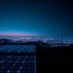 Kompetenzen im Bereich Elektrische Energieversorgung symbolisiert durch Photovoltaik, Windräder, leuchtende Stadt im Hintergrund bei Nacht und Hochspannungsleitungen