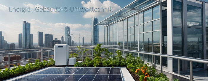 mit KI erstelltes Bild zur Visualisierung von Energie-, Gebäude- und Umwelttechnik, Pflanzen und Photovoltaic mit Smarten Labor auf einem Dach, im Hintergrund Hochhäuser, Sonne scheint