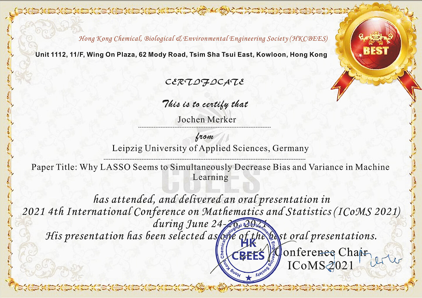 Urkunde für den Best Presentation Award