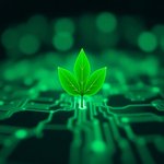 Symbolbild - eine grüne leuchtende Pflanze mit drei Blättern steht auf einer Computerplatine mit grün leuchtenden Schaltungskreisen