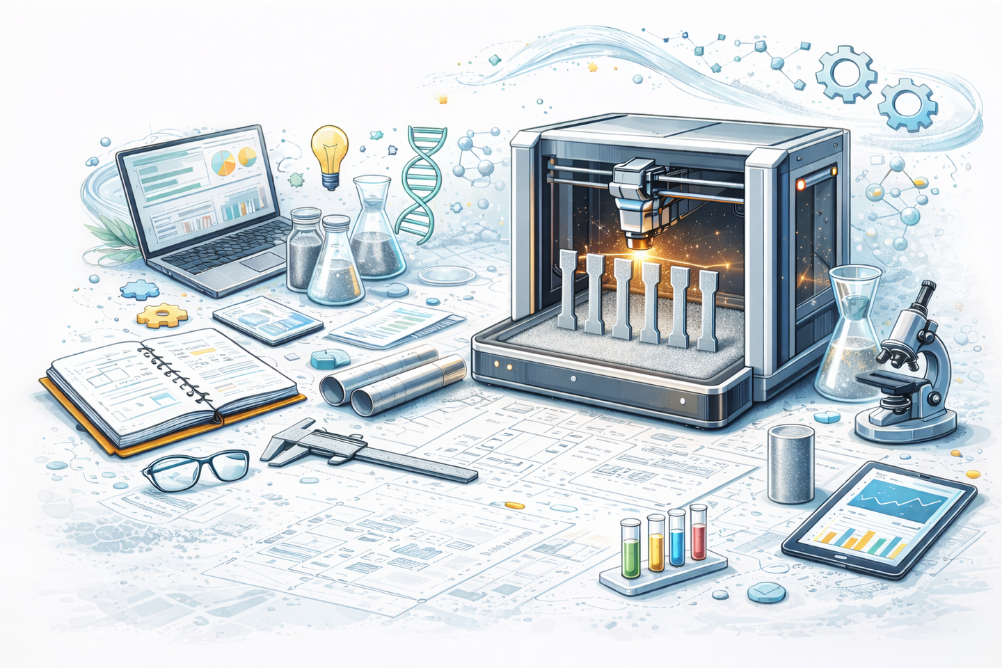 KI-generiertes Bild mit 3D-druckerähnlichem Gerät, das Stahl erzeugt auf einem Tisch, Unterlage mit technischen Zeichnungen, darauf Reagenzglas, Notizblock, Mikroskop ein Laptop und weitere wissenschaftliche Utensilien