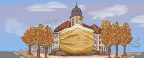 farbige Illustration: Hochschulgebäude mit Mundschutz in Herbstfarben