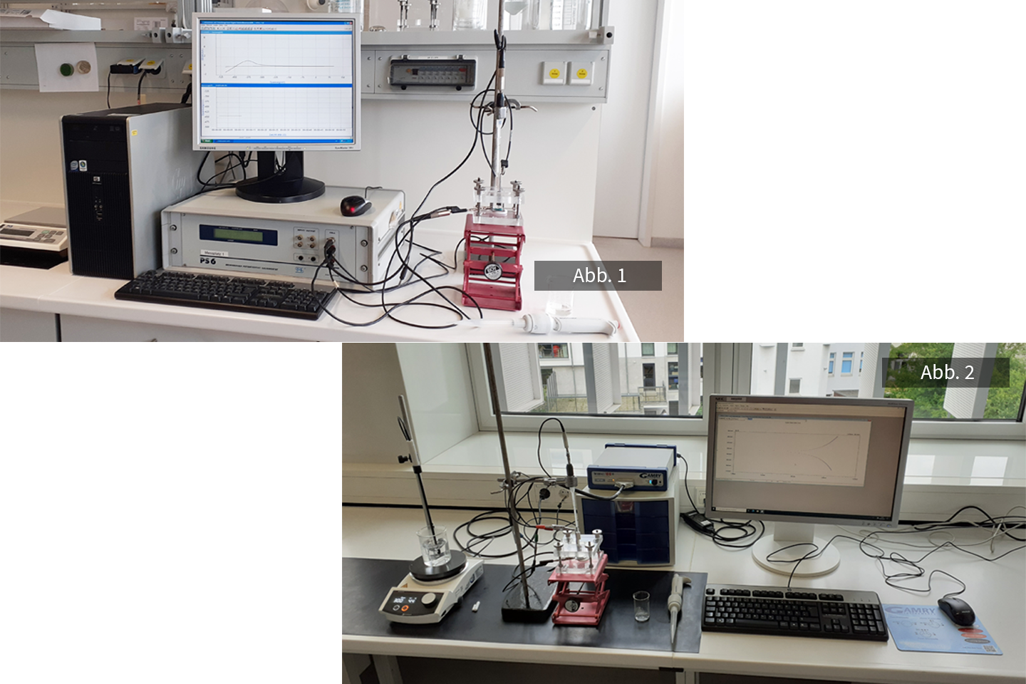 Fotos von Messgeräten im Labor, die auf dem Schreibtisch stehen, daneben Monitore