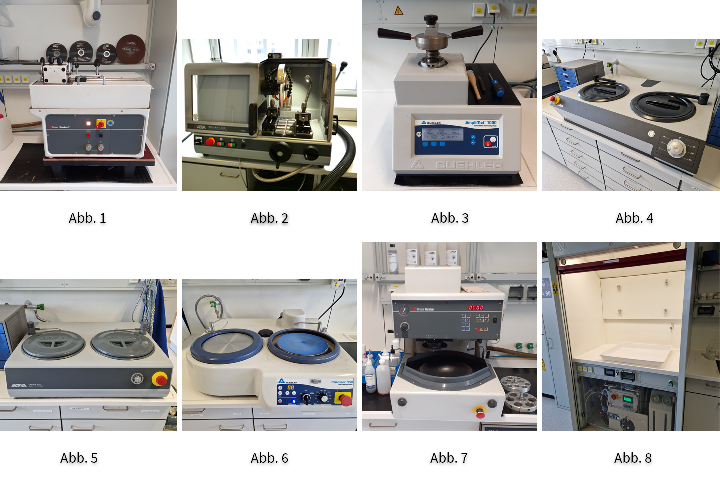 Fotocollage von acht Bildern aus dem Labor Werkstofftechnik mit Geräten wie Nasstrennmaschine, Schleifmaschine oder Poliermaschine
