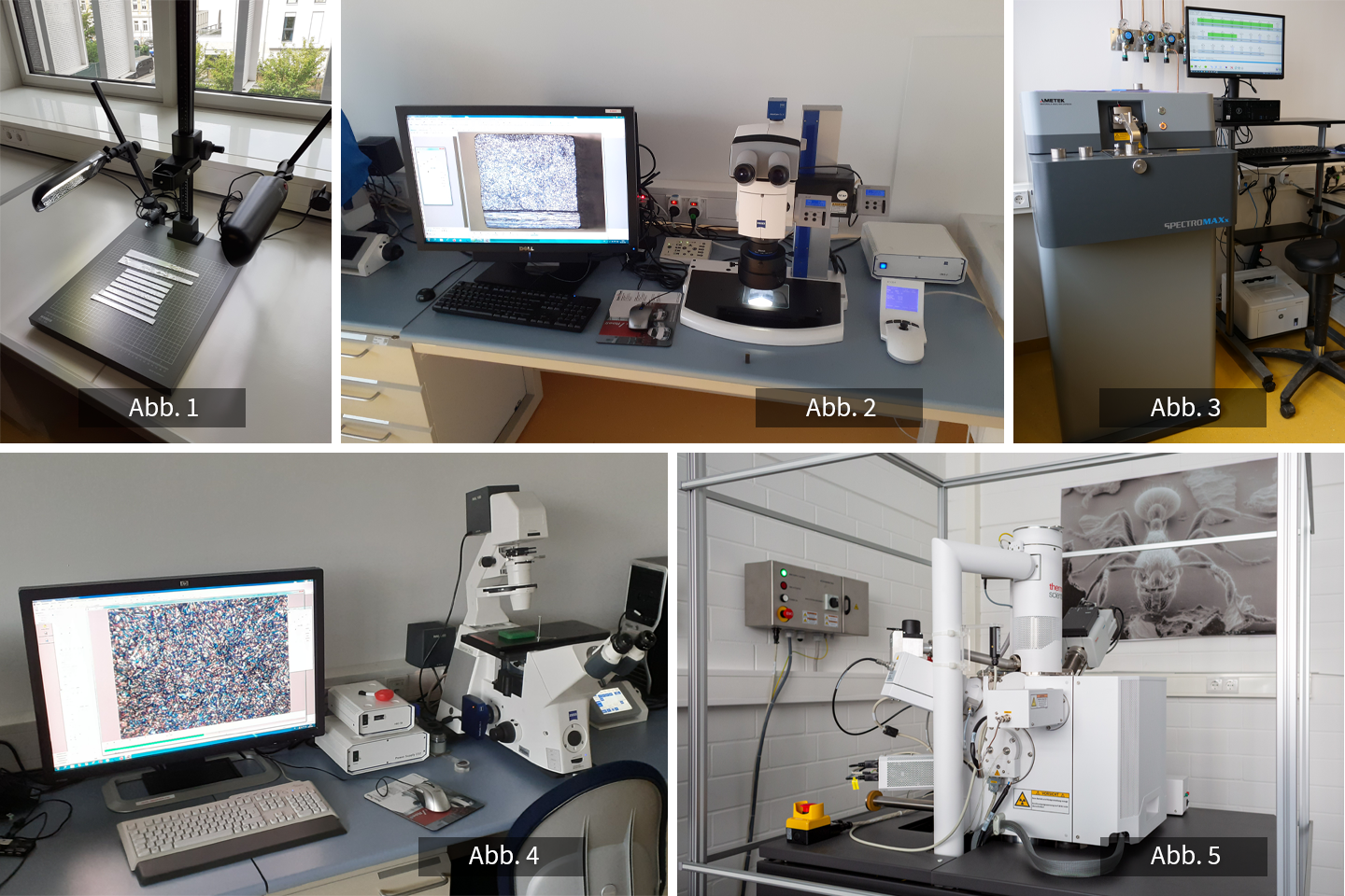 Fotocollage von fünf Bildern aus dem Labor Werkstofftechnik mit Geräten wie Elektronenmikroskop oder Auflichtmikroskop