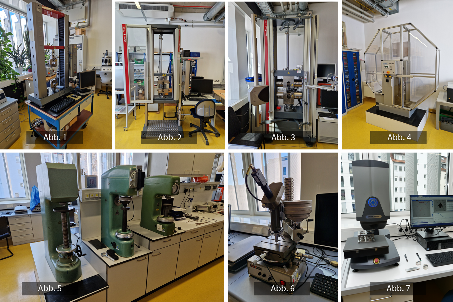 Fotocollage von sieben Bildern, große Laborgeräte zur Prüfung von Werkstoffen und kleinere Geräte mit Monitor