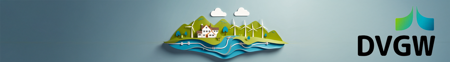 Logo des DVGW sowie KI-generierte Grafik, simple Darstellung von GreenEnergy, Papierdesign