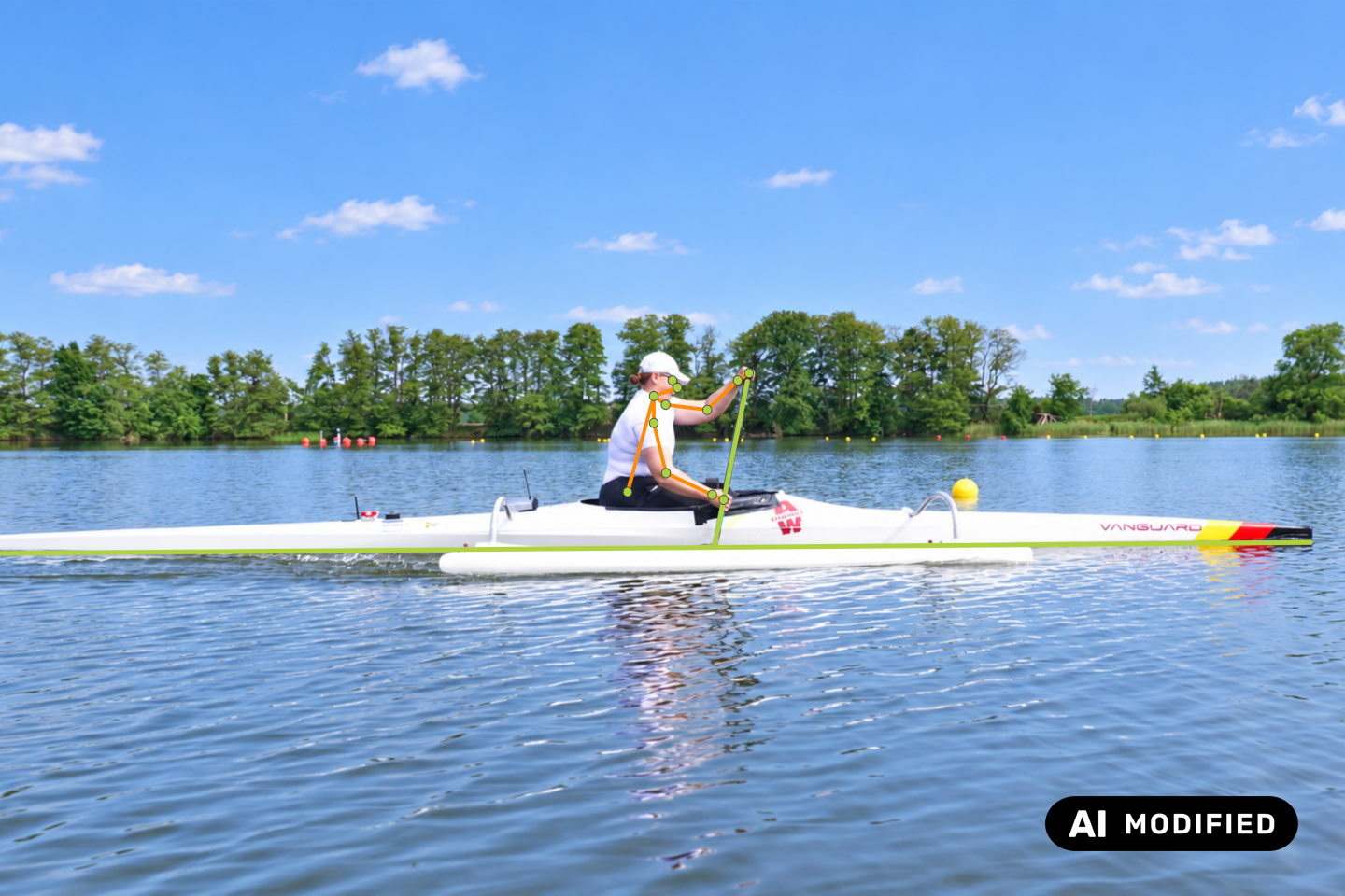 Side view photo of a canoeist on the water; the movements of the upper arms are marked with dots and lines