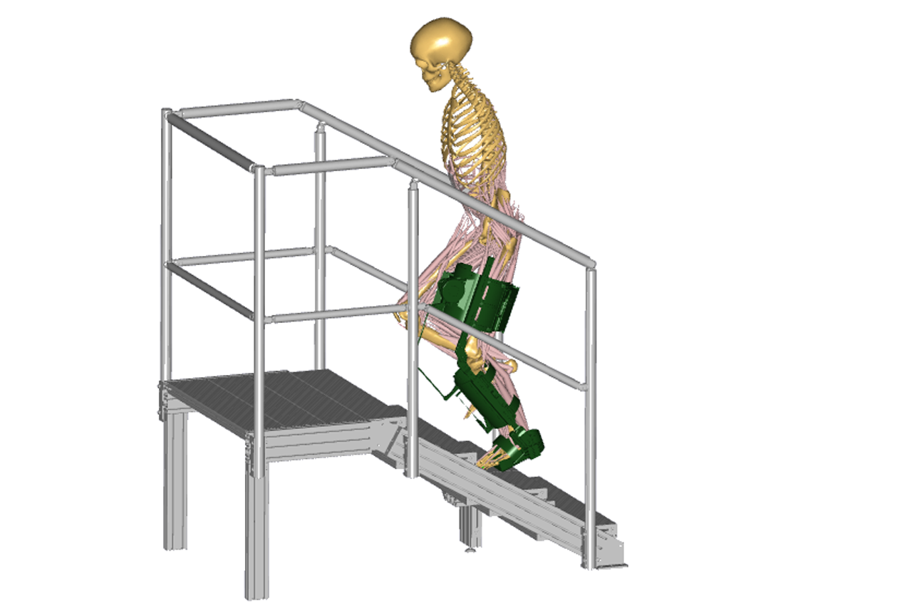 - Erstellung von Simulationsmodellen für den Funktionsnachweis (in Kooperation mit der Politecnico di Torino (Turin, Italien) Skizze Darstellung Bewegung beim Treppensteigen, Skelett läuft Treppe hoch