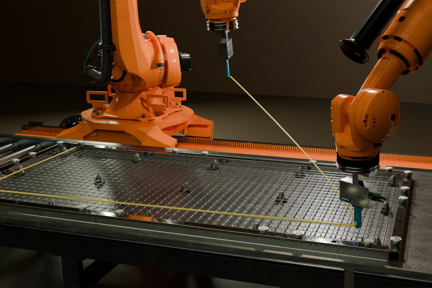 zwei Roboterarme über eine Platte mit Drähten nehmen Abmessungen vor/bei Verlinkung führt Link zur Projektwebsite