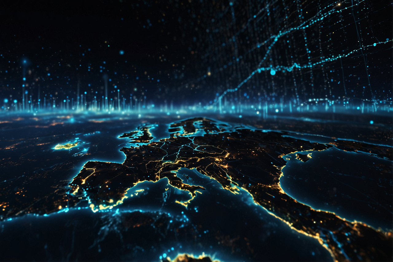 digitale Daten visualisiert mit Lichtströmen über europäischer Halbinsel bei Nacht/eine Verlinkung des Bildes führt zur Forschungsprojektwebsite