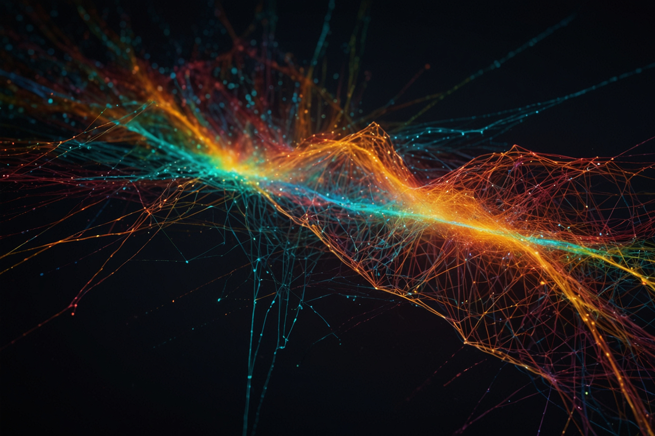 KI-generiertes Bild von digitalen Netzwerken mittels fluoreszierenden Farben, bunte leuchtende Streifen in einer Welle/eine Verlinkung des Bildes führt zur Forschungsprojektwebsite