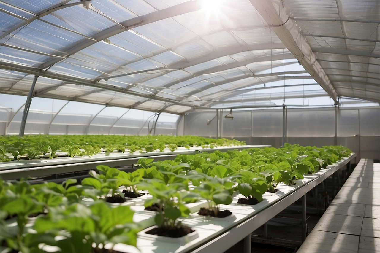 Hydroponische Farm im Gewächshaus/KI-generiertes Bild/eine Verlinkung des Bildes führt zur Forschungsprojektwebsite