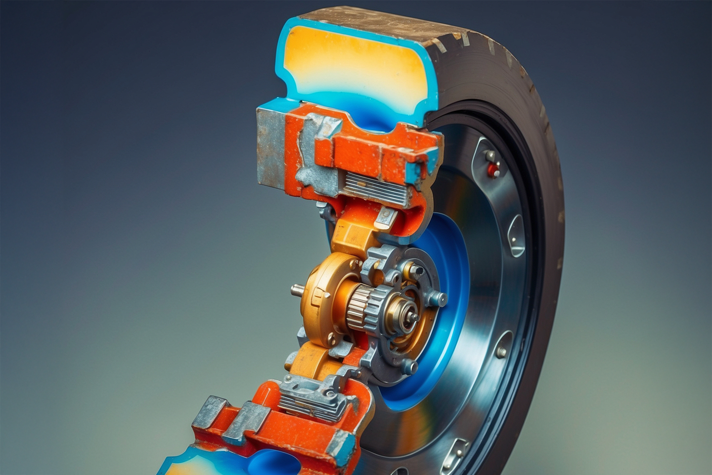 KI-generiertes Bild Querschnitt eines Radnabenmotors, ausgewählte Elemente in verschiedenen Farben/eine Verlinkung des Bildes führt zur Forschungsprojektwebsite