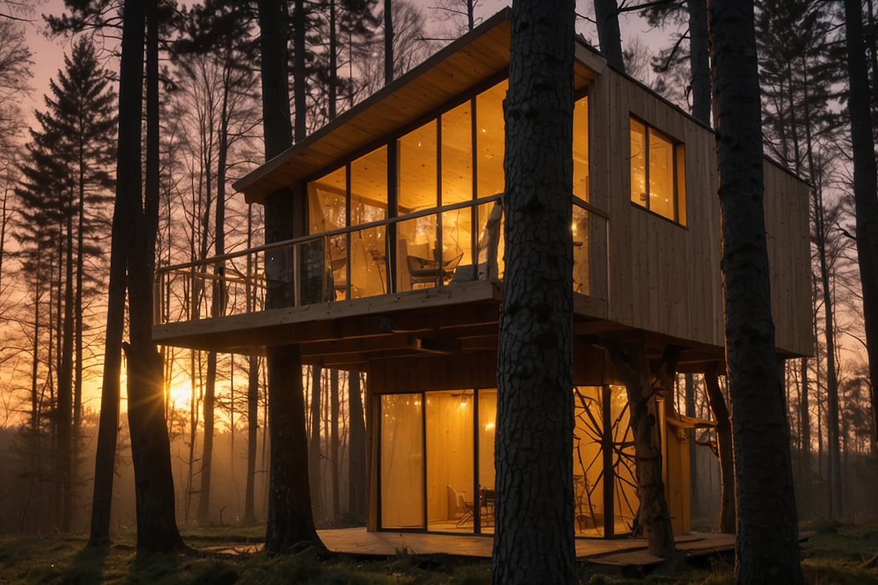 Ki-generiertes Symbolbild - ein Holzhaus mit großen Fenster, oranges Licht leuchtet, das Haus steht im Wald, untergehende Sonne durch die Bäume zu sehen
