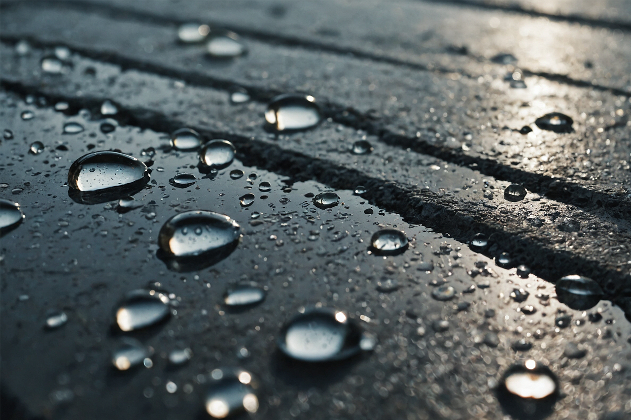 metallisch glänzende dunkle Oberfläche mit Wassertropfen, Sonne reflektiert/eine Verlinkung des Bildes führt zur Forschungsprojektwebsite