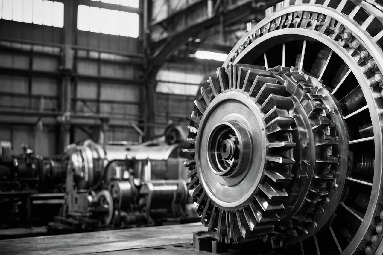 Ki-Generiertes Bild von einer Turbine, Close-Up Aufnahme in monochromen Farben/eine Verlinkung des Bildes führt zur Forschungsprojektwebsite