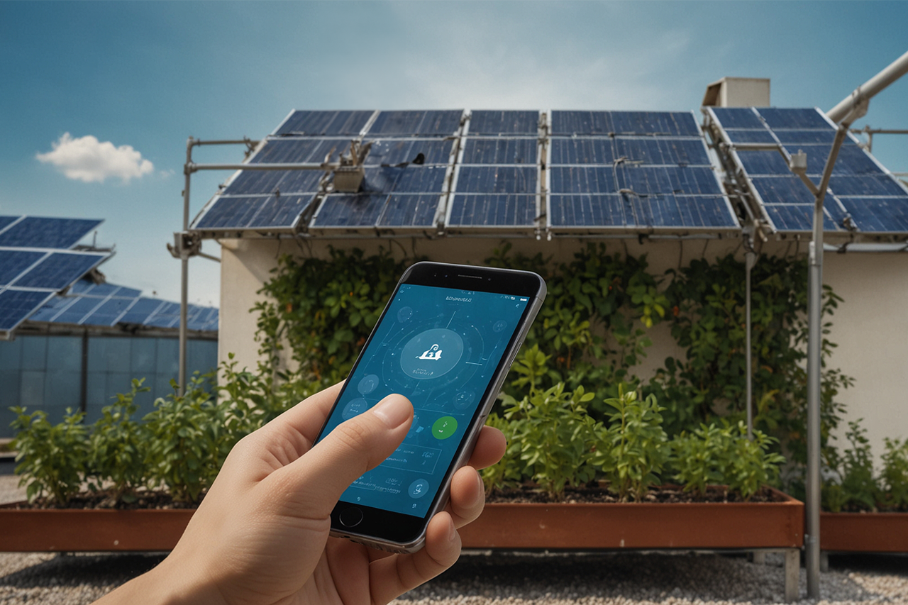 KI-generiertes Bild, Photovoltaikanlage auf dem Dach eines Hochhauses mit Grünpflanzen, Bewässerungsystem für Pflanzen, Hand mit Smartphone im Vordergrund/eine Verlinkung des Bildes führt zur Forschungsprojektwebsite