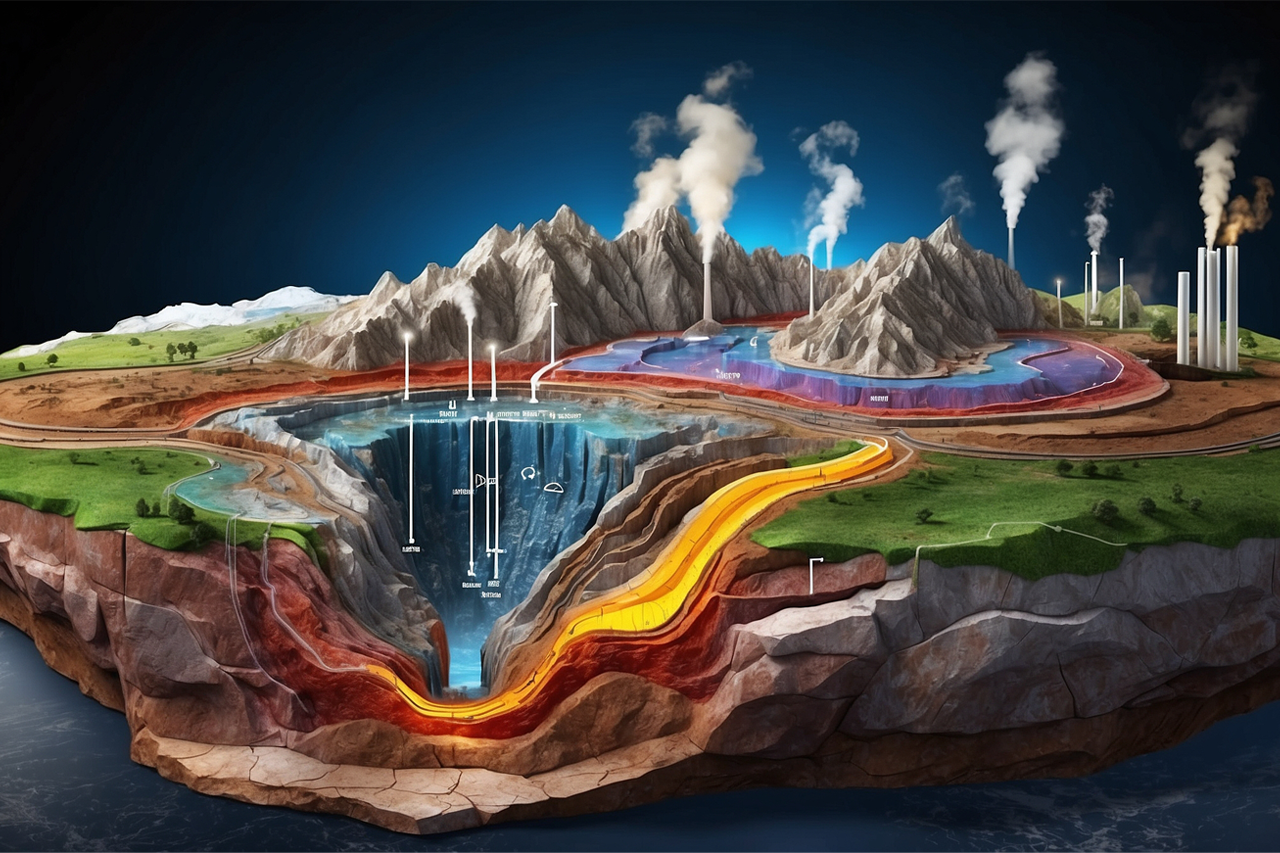Ki-generiertes Bild Querschnitt der Erdoberfläche, sodass geothermische Energie sichtbar wird, Fabrik mit Wasserqualm aus Türmen im Hintergrund zu sehen