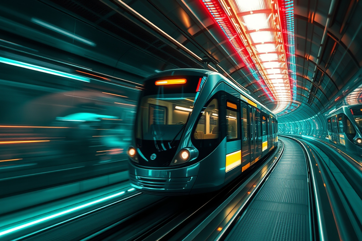 KI-generiertes Bild einer Straßenbahn bei Nacht, verzerrte Lichter, Bahn fährt schnell/eine Verlinkung des Bildes führt zur Forschungsprojektwebsite