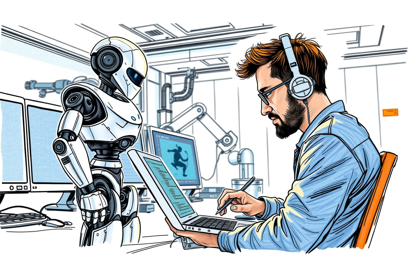 Humanoider Roboter steht neben dem Tisch, an dem Ingenieur sitzt, der Bewegungen am Laptop programmiert/eine Verlinkung führt zur Projektwebsite