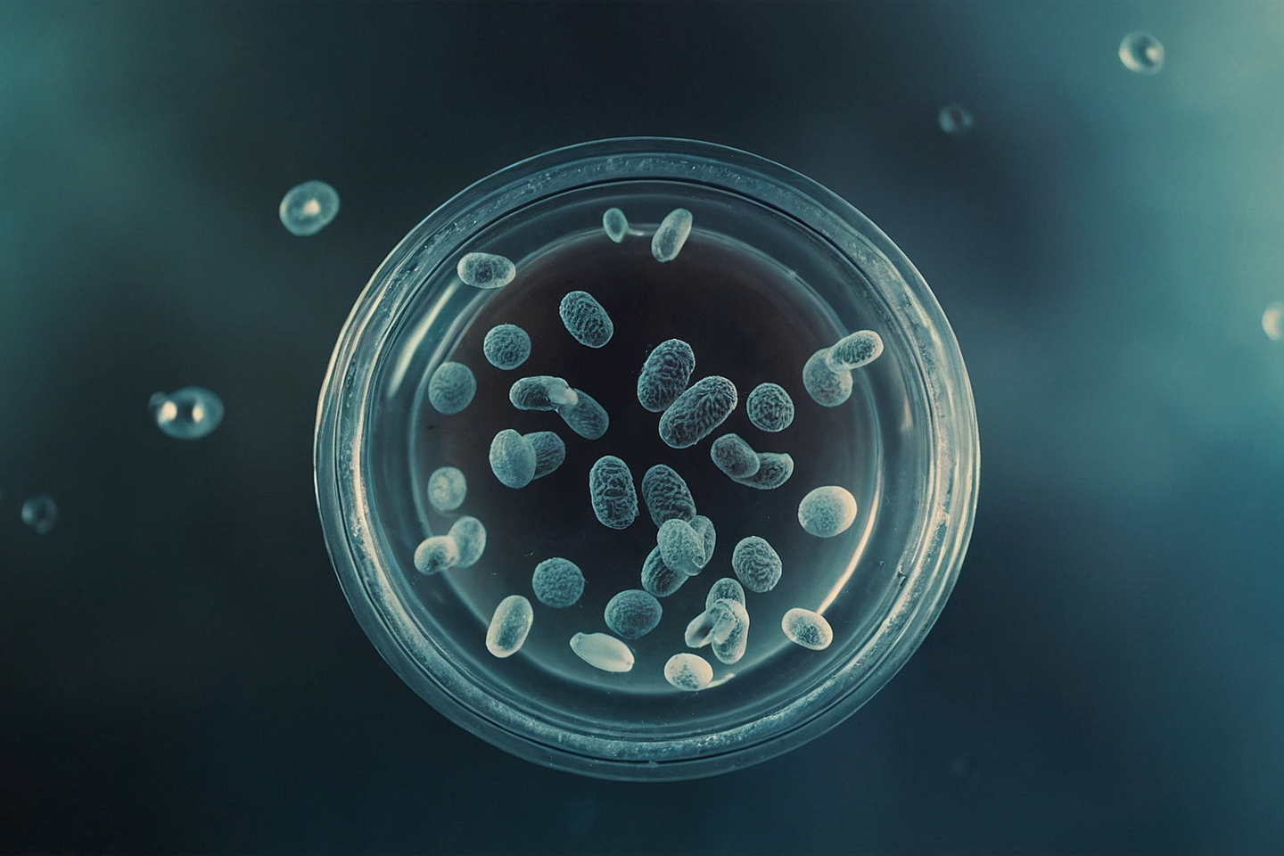 KI-generiertes Bild, mikroskopisches Foto von E.Coli Bakterien in Trinkwasser in einer Petrischale/bei Verlinkung führt Link zur Projektwebsite