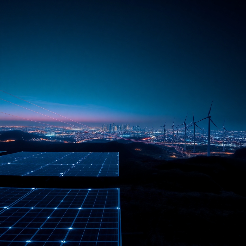 Kompetenzen im Bereich Elektrische Energieversorgung symbolisiert durch Photovoltaik, Windräder, leuchtende Stadt im Hintergrund bei Nacht und Hochspannungsleitungen