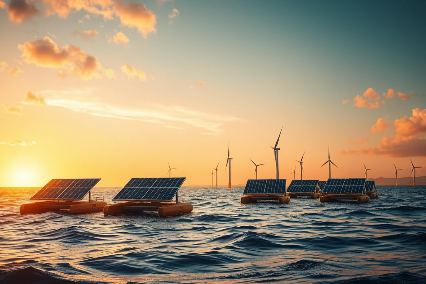 Ki-generiertes Bild, schwimmende Photovoltaik-Panels auf dem Wasser, im Hintergrund Windräder und ein Sonnenuntergang/eine Verlinkung des Bildes führt zur Forschungsprojektwebsite