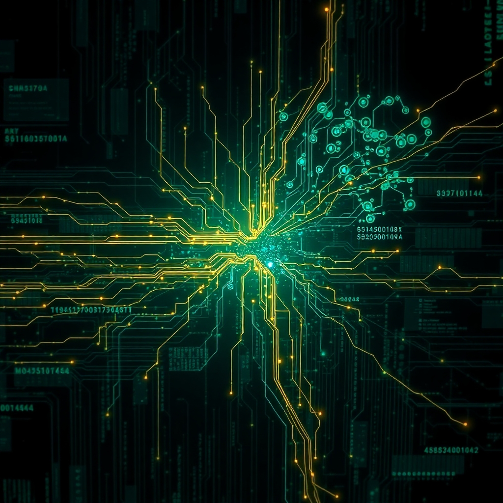 Kompetenzen im Bereich Vernetzte Systeme symbolisiert durch hellgrün leuchtende Schaltungen auf dunkler Oberfläche