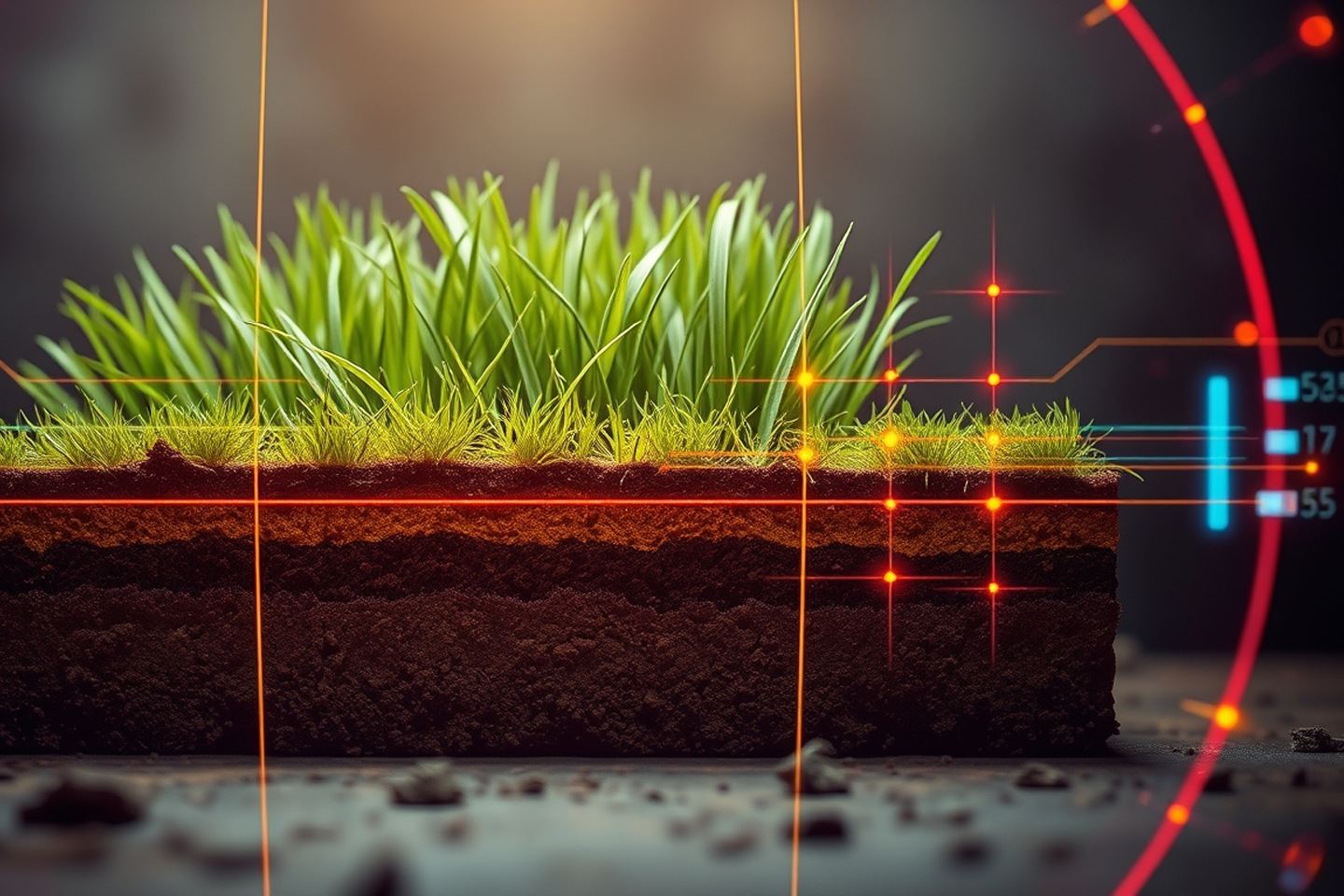 Ki-generiertes Bild, Querschnitt eines Rasenstücks mit Erdschichten und digitaler Anzeige von Messdaten/bei Verlinkung führt Link zur Projektwebsite