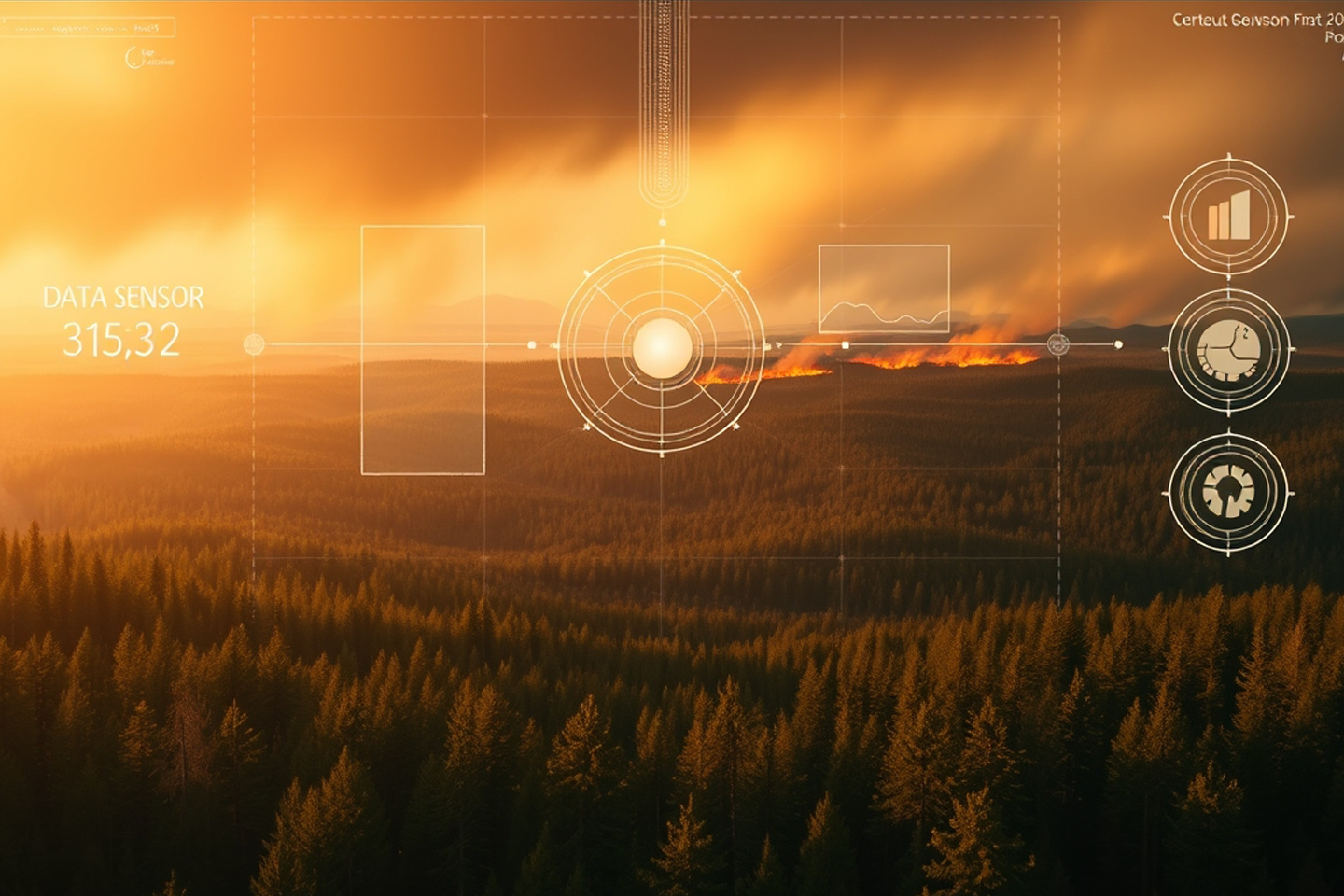 Ki-generiertes Bild Blick durch Kameraobjektiv auf eine weite Waldlandschaft, hinten im Wald steigt Qualm von einem Feuer auf, im Objektiv werden Messdaten angezeigt/eine Verlinkung des Bildes führt zur Forschungsprojektwebsite