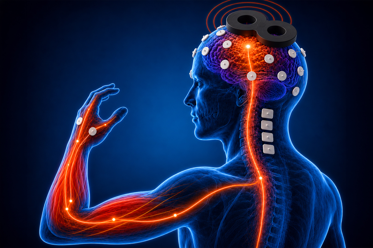 transparent human body, inside glowing vessels, on the humans head is a magnet in form of an eight