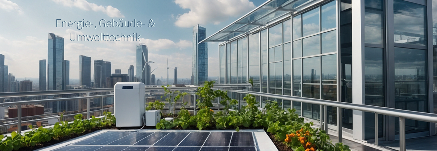 mit KI erstelltes Bild zur Visualisierung von Energie-, Gebäude- und Umwelttechnik, Pflanzen und Photovoltaic mit Smarten Labor auf einem Dach, im Hintergrund Hochhäuser, Sonne scheint