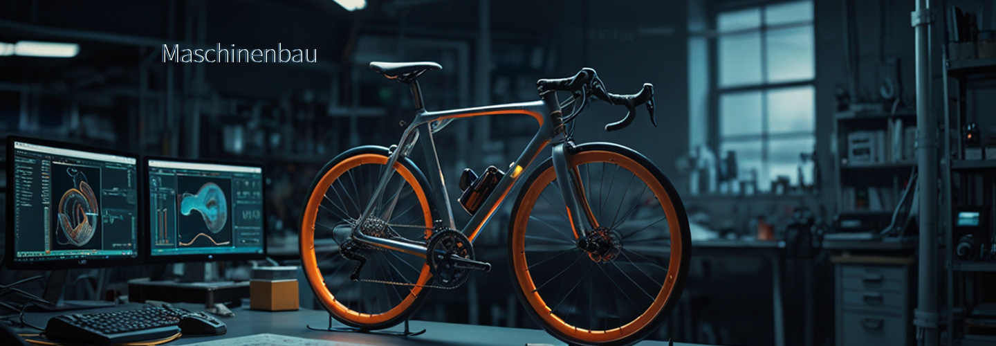 mit KI erstelltes Bild zur Visualisierung von Maschinenbau, ein orange leuchtendes Fahrrad auf einer Werkbank in einem dunkel ausgeleuchteten Labor mit Monitoren und CAD Zeichnung des Fahrradrahmens