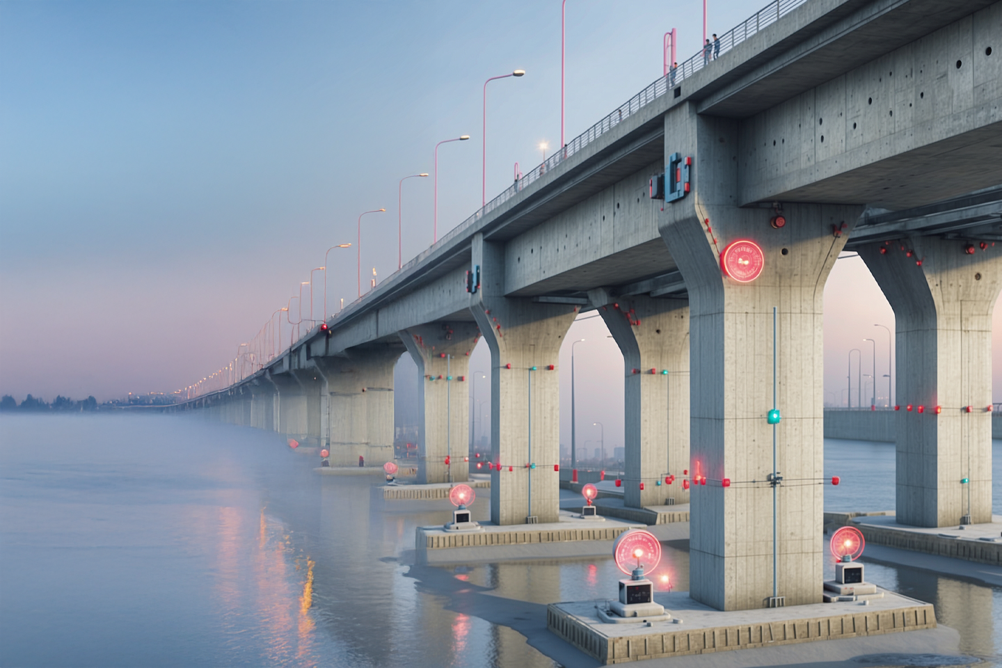graphische Darstellung, KI-Bild, Brücke mit Sensoren zur Spannungsmessung