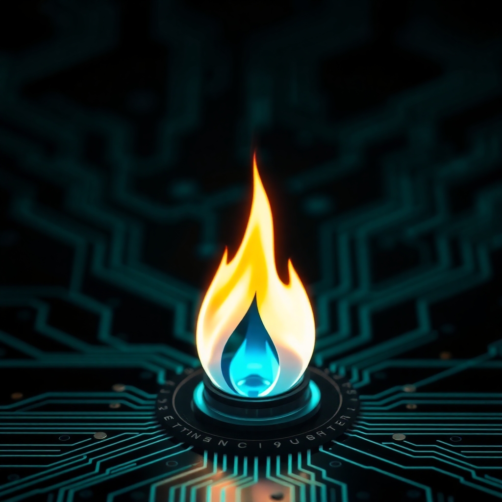 Kompetenzen im Bereich Wärme symbolisiert durch eine Flamme, die aus einem Schaltkreis herausstrahlt