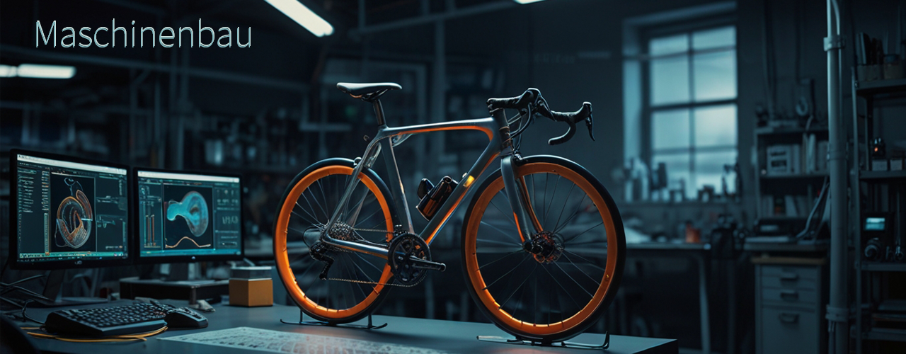 mit KI erstelltes Bild zur Visualisierung von Maschinenbau, ein orange leuchtendes Fahrrad auf einer Werkbank in einem dunkel ausgeleuchteten Labor mit Monitoren und CAD Zeichnung des Fahrradrahmens