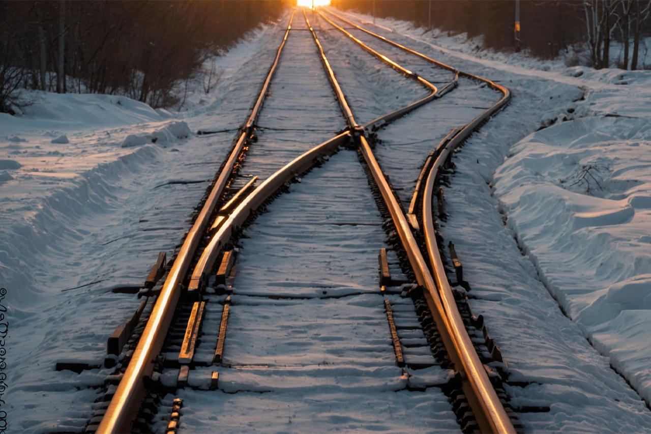 schneebedeckte Schienen, Schienennetz mit Weichen beim Sonnenuntergang