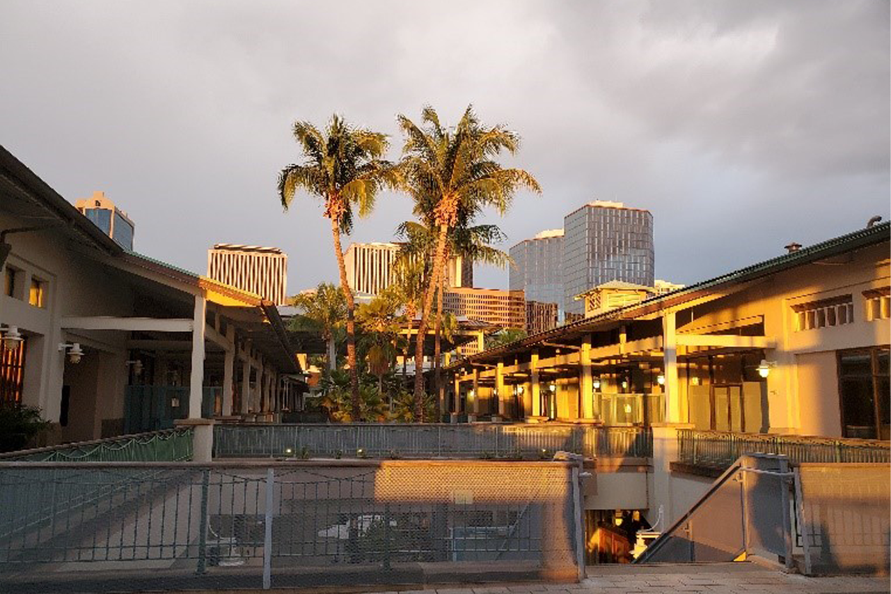 Hauptcampus der Hawai’i Pacific University in Downtown Honolulu mit Palmen