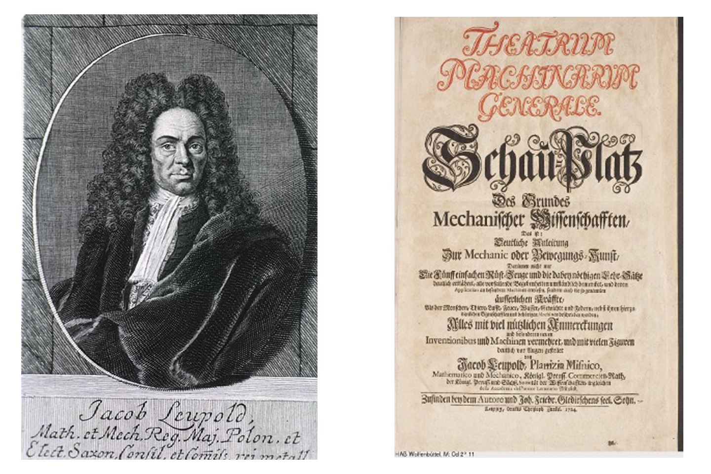 Portrait of Jacob Leupold on the left, next to it the title page in old German script