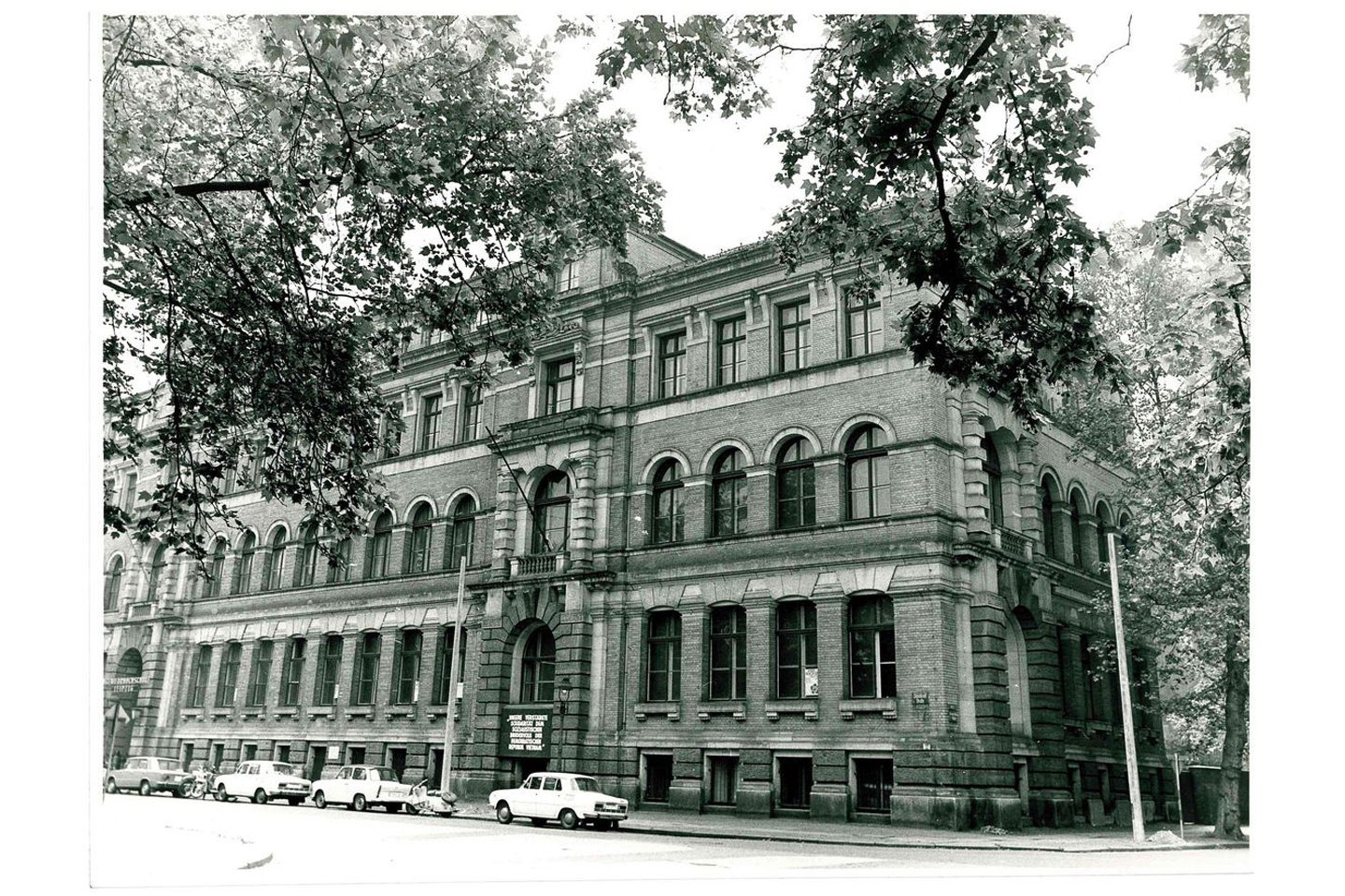 black and white photo of the building