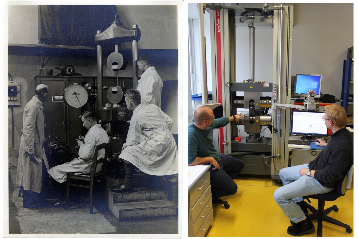 Left image: black and white, men in white coats at an old machine, next to it a colorful image at a modern machine with a professor and student in front of it.
