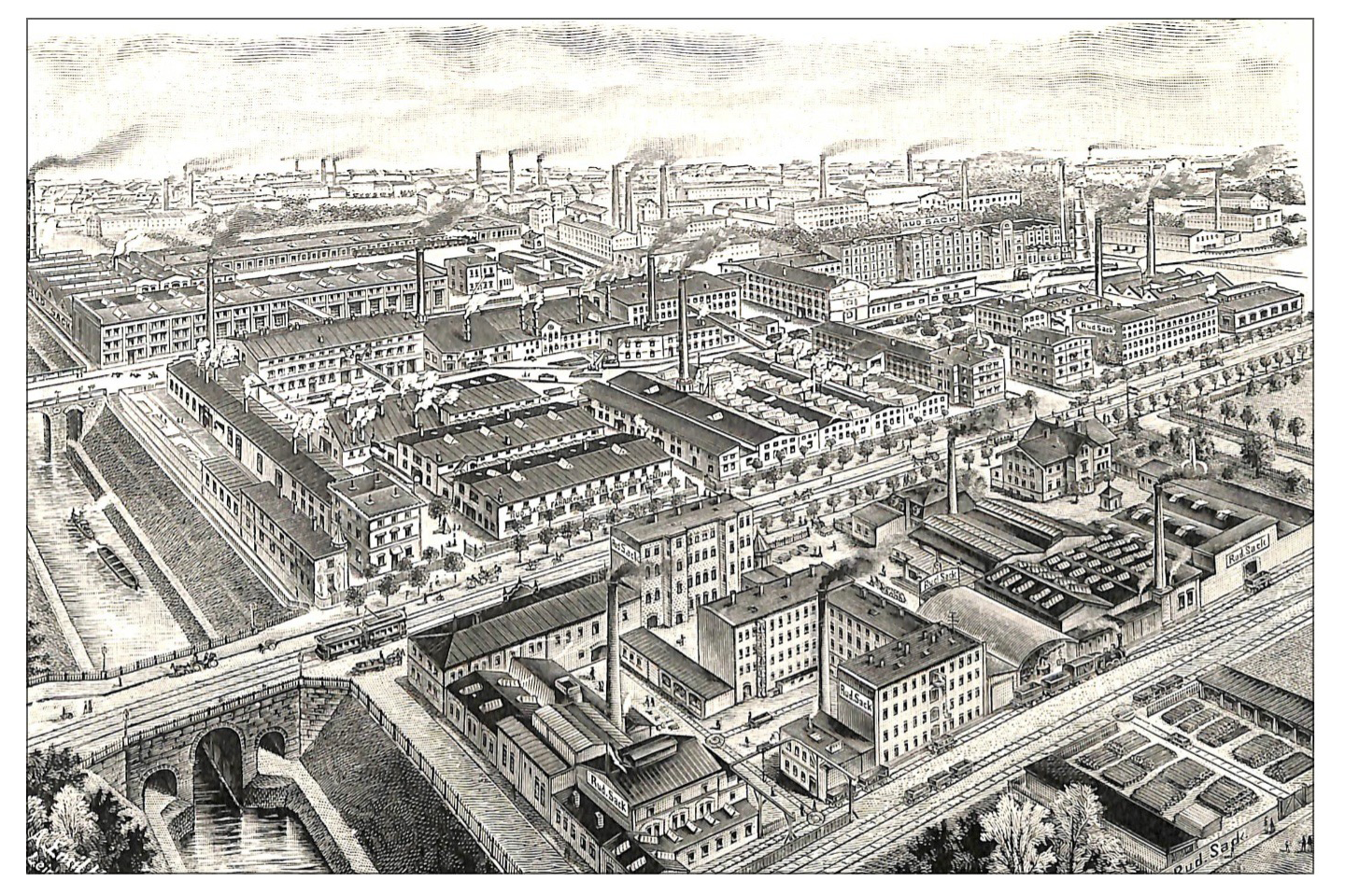 Black and white sketch of the factory in the early 19th century